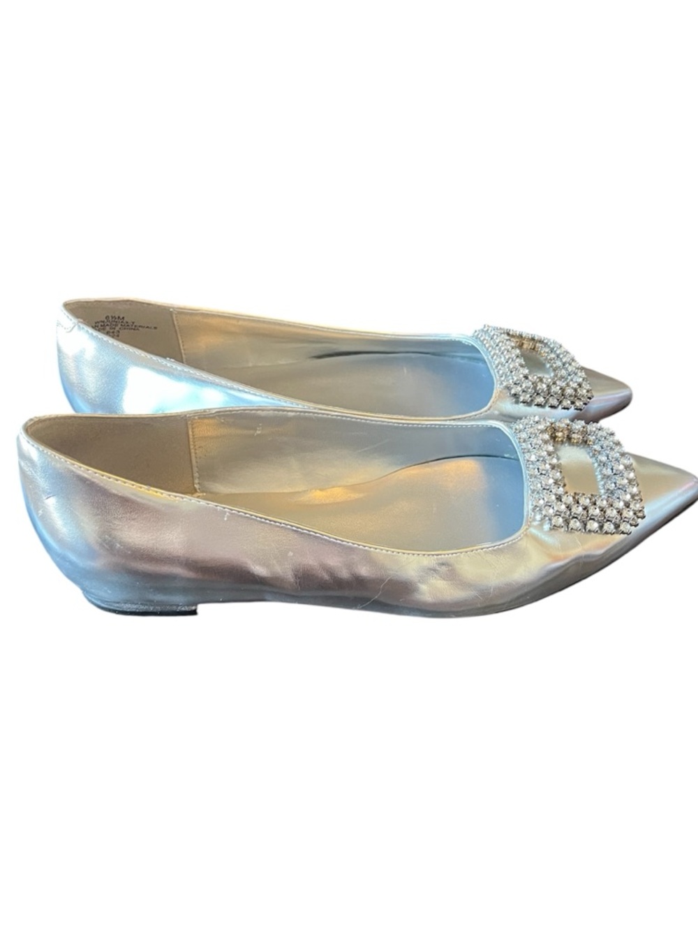 Nine West Metallic Silver Pointed Toe Flats with Crystal Square Buckle Size 6.5